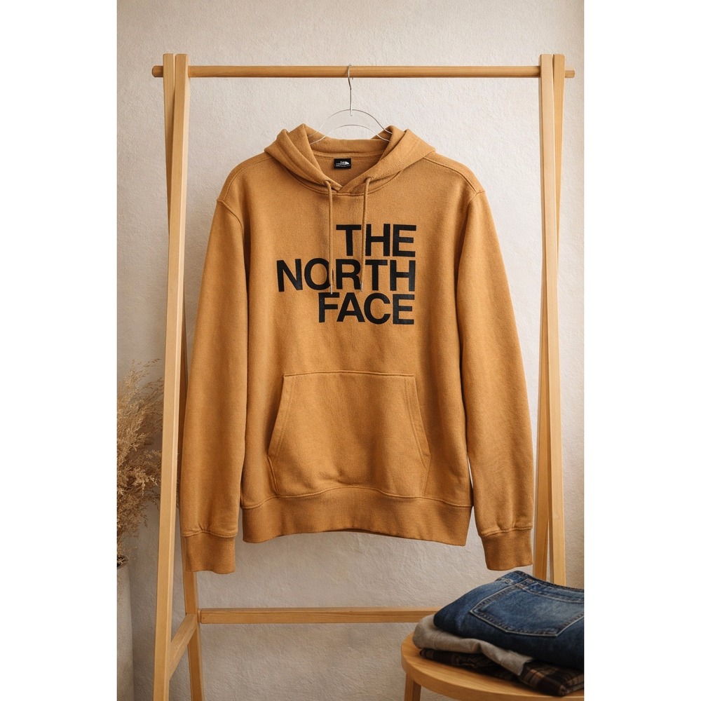 The North Face Mens Hoodie Beige Tan Black Logo Pullover Fleece Large Outdoor